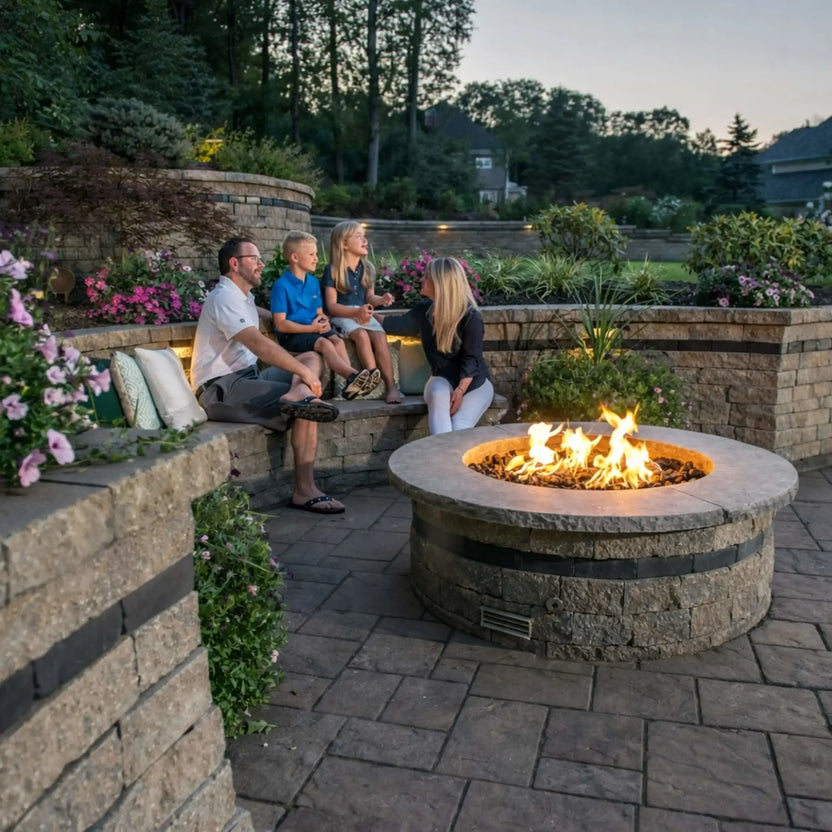 HPC Fire Inspired Hearth Products round flat FPPK push button flame sensing standard torpedo penta burner featured in a landscaped backyard patio where a family sits together on a curved stone bench. The fire pit glows warmly in the foreground, surrounded by flowers, greenery, and layered stonework, creating a welcoming outdoor living space.