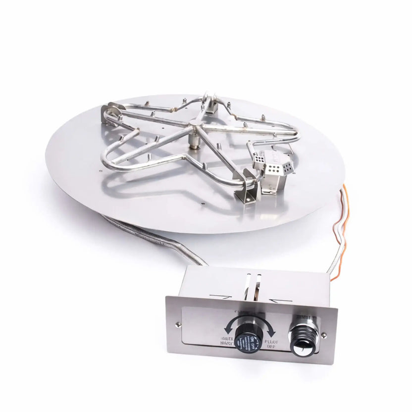 HPC Fire Inspired Hearth Products round flat FPPK push button flame sensing torpedo penta burner on a clean white background. The stainless steel burner sits on a circular pan with integrated ignition system, control valve box, and flex line visible, showcasing the full kit components and durable construction for gas fire pit installations.