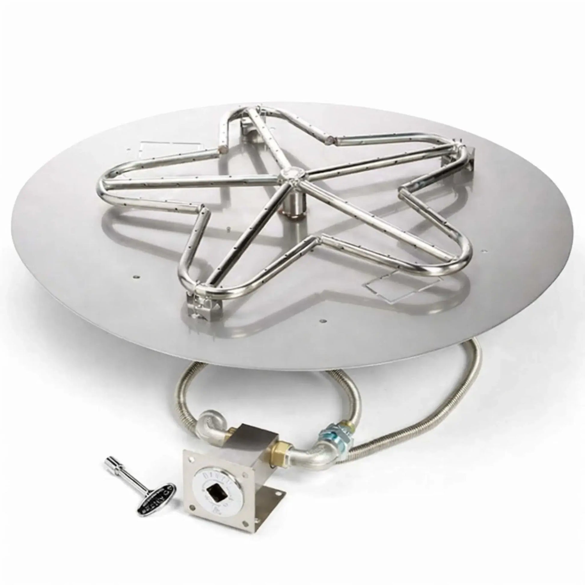 HPC Fire Inspired Hearth Products controls round flat match lit CSA MLFPK FLEX standard penta burner displayed on a clean white background. The stainless steel round burner plate features a star-shaped penta burner ring with evenly spaced gas ports, connected to a flexible gas line and manual key valve control, highlighting a durable match-lit ignition system designed for custom outdoor fire pit installations.