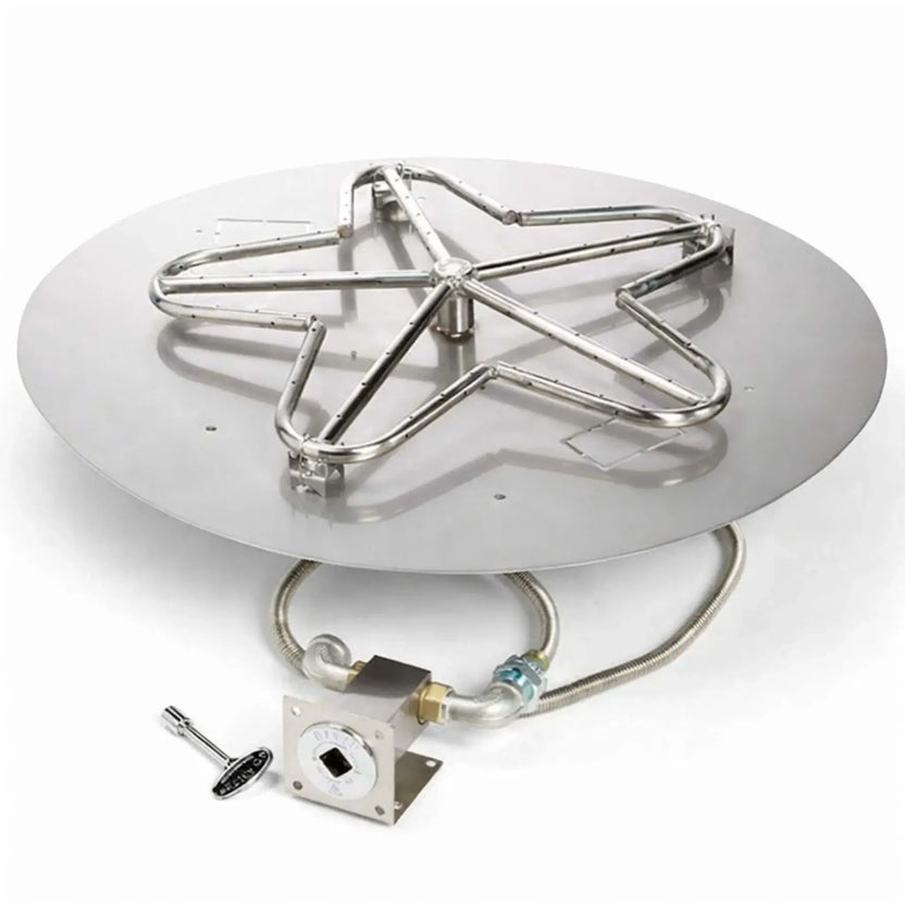 HPC Fire Inspired Hearth Products controls round flat match lit CSA MLFPK FLEX standard penta burner displayed on a clean white background. The stainless steel round burner plate features a star-shaped penta burner ring with evenly spaced gas ports, connected to a flexible gas line and manual key valve control, highlighting a durable match-lit ignition system designed for custom outdoor fire pit installations.