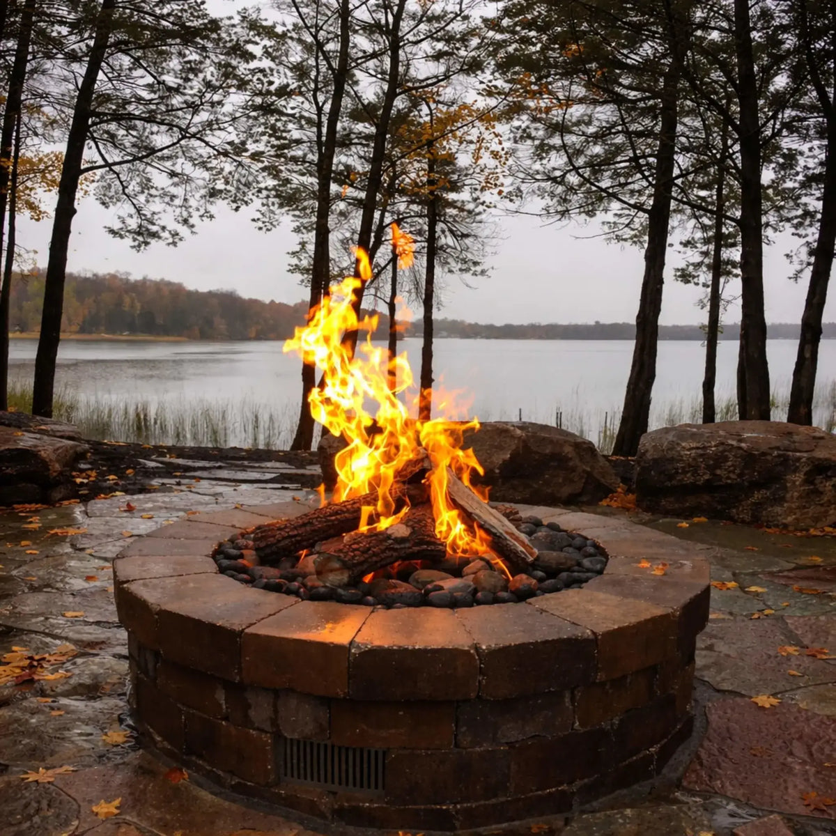 HPC Fire Inspired Hearth Products round flat match lit CSA MLFPK FLEX standard torpedo penta burner shown in a rustic lakeside fire pit setting. Natural wood logs burn within a circular stone pit, surrounded by trees and a calm waterfront backdrop, emphasizing a warm, traditional outdoor fire experience in a natural environment.