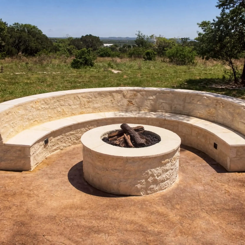 HPC Fire Inspired Hearth Products round flat match lit CSA MLFPK FLEX standard torpedo penta burner integrated into a curved stone seating area. The central round fire pit is surrounded by built-in bench seating in a scenic open landscape, showcasing a custom-designed outdoor gathering space with natural stone finishes.