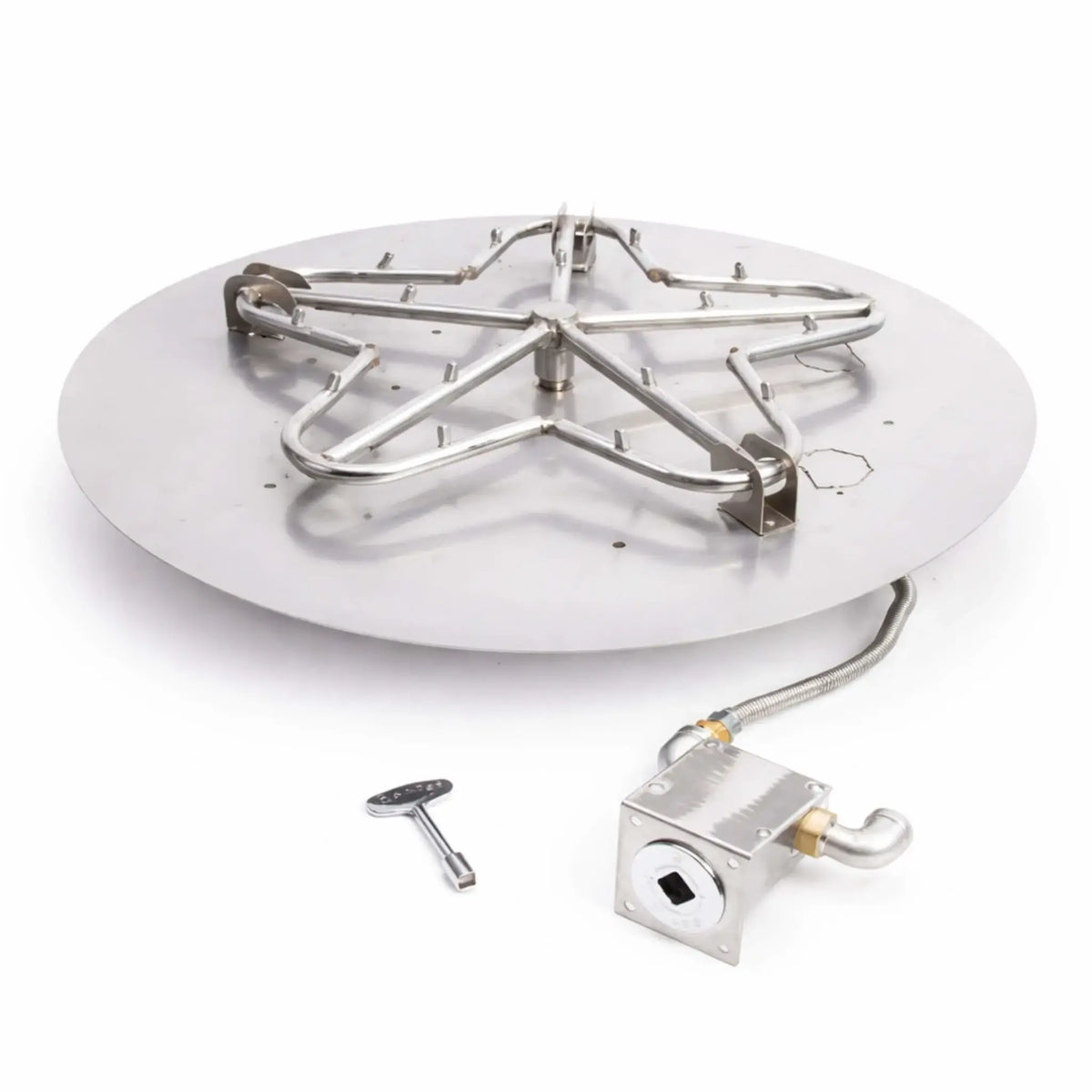 HPC Fire Inspired Hearth Products round flat match lit CSA MLFPK FLEX torpedo penta burner displayed on a clean white background. The stainless steel circular burner pan features a multi-point penta burner design with integrated gas lines, flex connector, and control valve assembly, highlighting product components and build quality for fire pit installations.