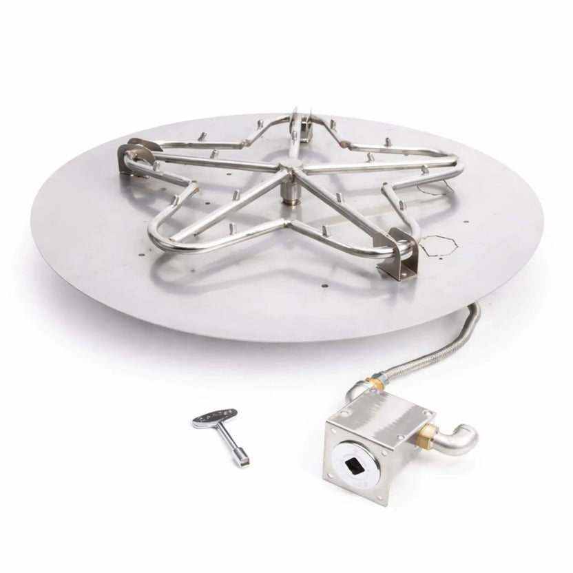 HPC Fire Inspired Hearth Products round flat match lit CSA MLFPK FLEX torpedo penta burner displayed on a clean white background. The stainless steel circular burner pan features a multi-point penta burner design with integrated gas lines, flex connector, and control valve assembly, highlighting product components and build quality for fire pit installations.