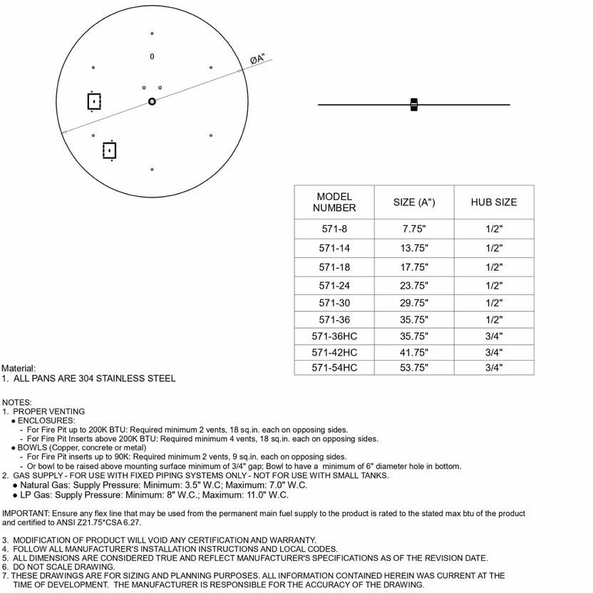 HPC Fire Inspired Hearth Products Controls round flat pan specification sheet showing a circular pan diagram with diameter labeled A and side profile view. Includes a model chart for sizes 571-8 through 571-54HC with dimensions and hub sizes, along with venting requirements, gas supply notes, and 304 stainless steel material specifications for planning round fire pit insert installations.