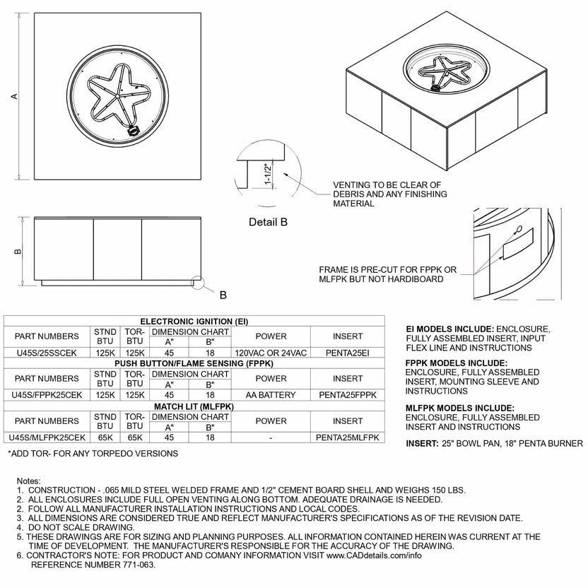 Technical specification sheet illustrating a 45 x 45 inch square fire pit table with round burner layout. Includes top view, side elevation, and isometric drawings, along with dimension charts, BTU ratings, and options for electronic ignition, push-button flame sensing, and match-lit systems, plus venting and installation details.