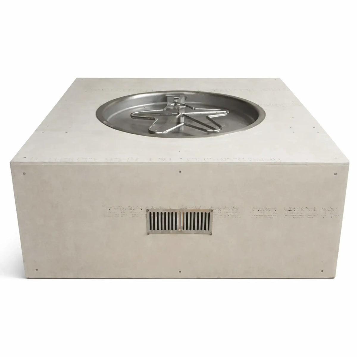 Square ready-to-finish fire pit enclosure with a cement board exterior and recessed round stainless steel burner pan featuring a star-shaped burner. The unit includes a front ventilation opening for proper airflow and is designed to be finished with stone, tile, or concrete for custom outdoor gas fire pit installations.