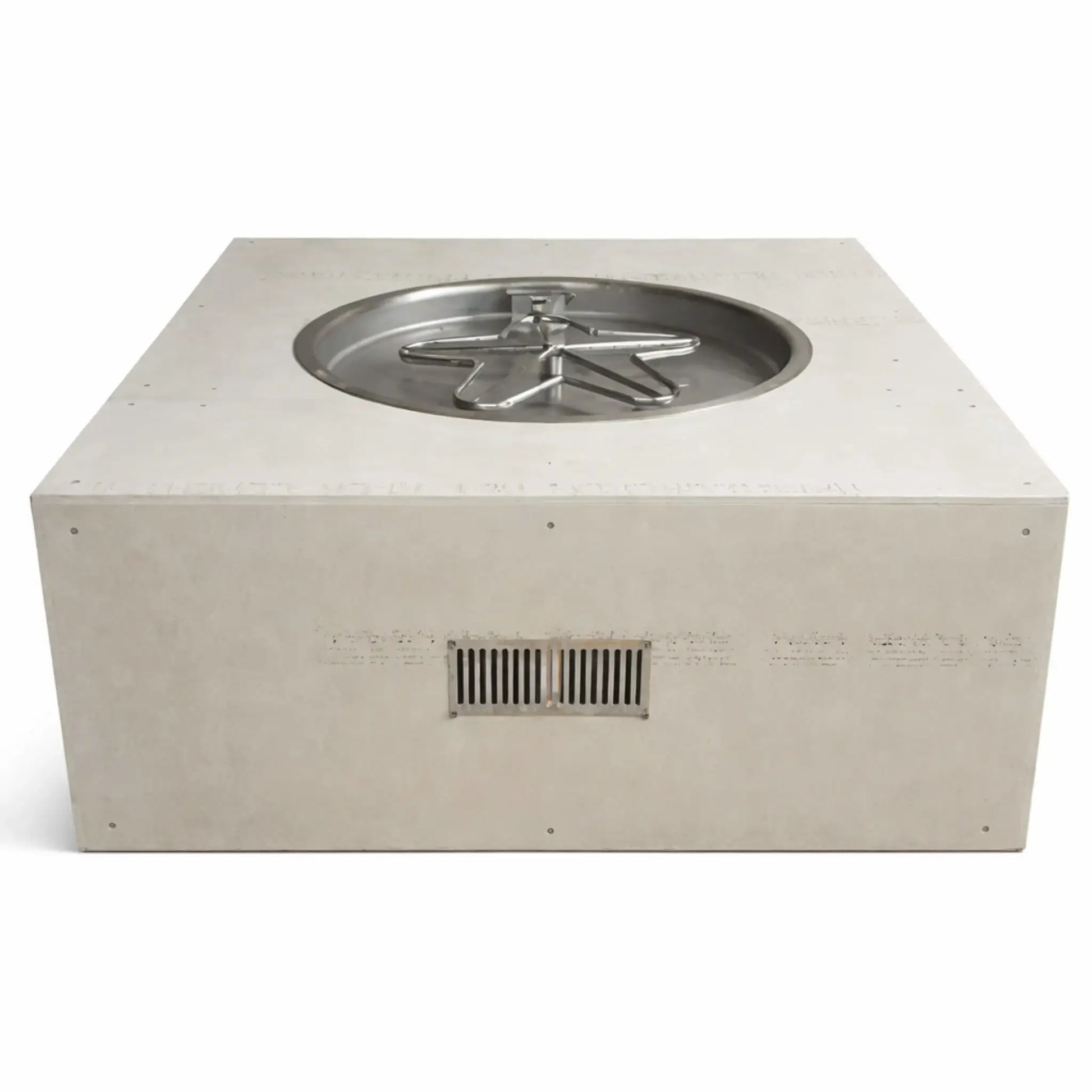 Square ready-to-finish fire pit enclosure with a cement board exterior and recessed round stainless steel burner pan featuring a star-shaped burner. The unit includes a front ventilation opening for proper airflow and is designed to be finished with stone, tile, or concrete for custom outdoor gas fire pit installations.