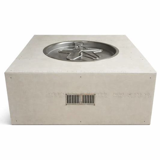 Square ready-to-finish fire pit enclosure with a cement board exterior and recessed round stainless steel burner pan featuring a star-shaped burner. The unit includes a front ventilation opening for proper airflow and is designed to be finished with stone, tile, or concrete for custom outdoor gas fire pit installations.