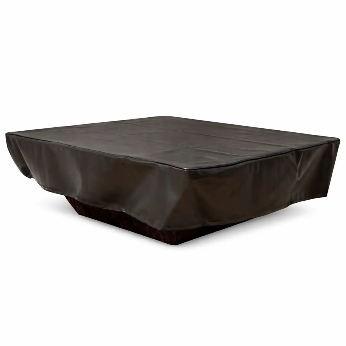 Square black vinyl fire pit cover displayed on a white background, designed for full coverage and protection of a large outdoor fire table. The cover has a smooth, slightly reflective surface with visible natural folds and stitching lines across the top. The sides drape evenly with reinforced seams and clean edges, indicating a snug, tailored fit. Its durable, weather-resistant material helps shield against rain, debris, and UV exposure.