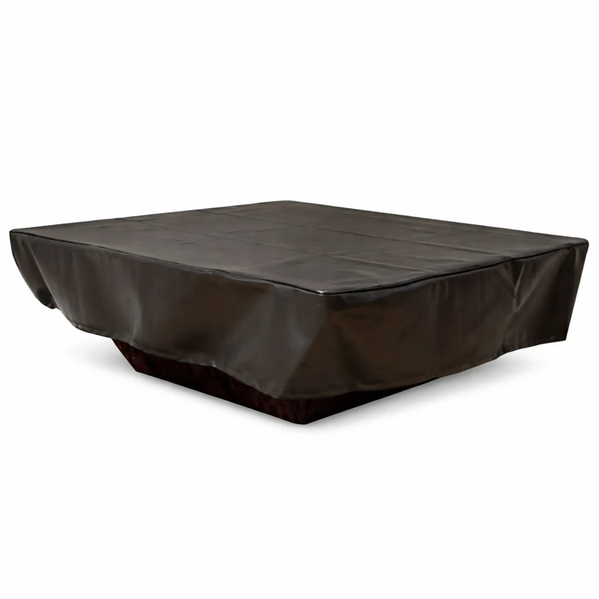 Square black vinyl fire pit cover displayed on a white background, designed for full coverage and protection of a large outdoor fire table. The cover has a smooth, slightly reflective surface with visible natural folds and stitching lines across the top. The sides drape evenly with reinforced seams and clean edges, indicating a snug, tailored fit. Its durable, weather-resistant material helps shield against rain, debris, and UV exposure.