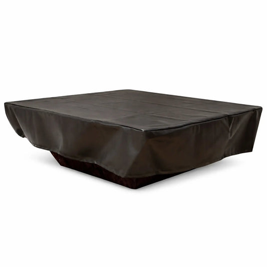 Square black vinyl fire pit cover displayed on a white background, designed for full coverage and protection of a large outdoor fire table. The cover has a smooth, slightly reflective surface with visible natural folds and stitching lines across the top. The sides drape evenly with reinforced seams and clean edges, indicating a snug, tailored fit. Its durable, weather-resistant material helps shield against rain, debris, and UV exposure.