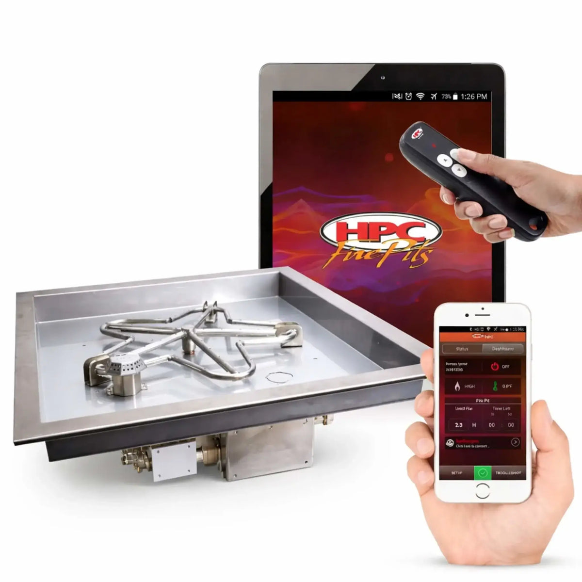 HPC Fire Inspired Hearth Products square drop-in electronic ignition fire pit burner system with stainless steel pan and penta burner design, shown on a clean white background. The image highlights smart control options including a handheld remote and mobile app displayed on a smartphone and tablet, demonstrating hi-lo flame adjustment, ignition control, and system monitoring for modern gas fire pit installations.