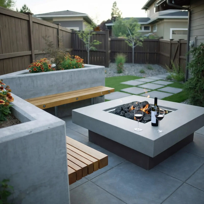 HPC Fire Inspired Hearth Products square drop-in electronic ignition on off hi lo low standard torpedo penta burner featured in a cozy backyard seating area with a modern concrete fire table. Black lava rock surrounds the flames, while a bottle of wine and two glasses sit nearby, complemented by built-in benches, wood fencing, and landscaped greenery for an intimate outdoor setting.