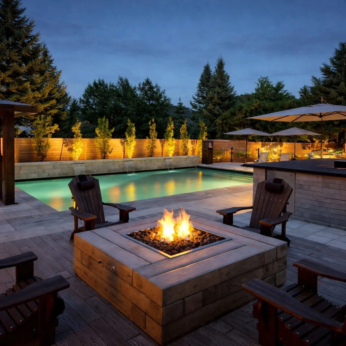 HPC Fire Inspired Hearth Products square drop-in electronic ignition on off hi lo low standard torpedo penta burner set into a wooden fire pit table on a large deck overlooking a lit swimming pool at dusk. Surrounded by Adirondack chairs and ambient landscape lighting, the flames create a warm focal point for outdoor entertaining.