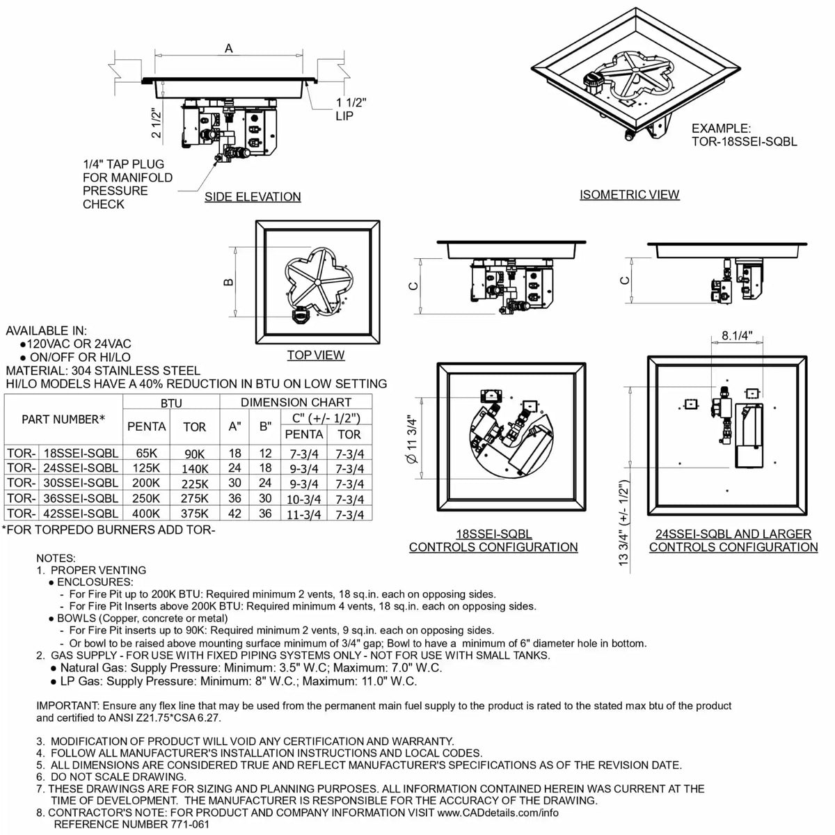 HPC Fire Inspired Hearth Products controls square drop-in electronic ignition on off hi lo low standard torpedo penta burner specification sheet showing detailed engineering drawings, dimensions, and installation views. Includes side elevation, top view, isometric view, valve and control configurations, BTU ratings, and enclosure requirements, providing a complete technical reference for square fire pit burner systems.
