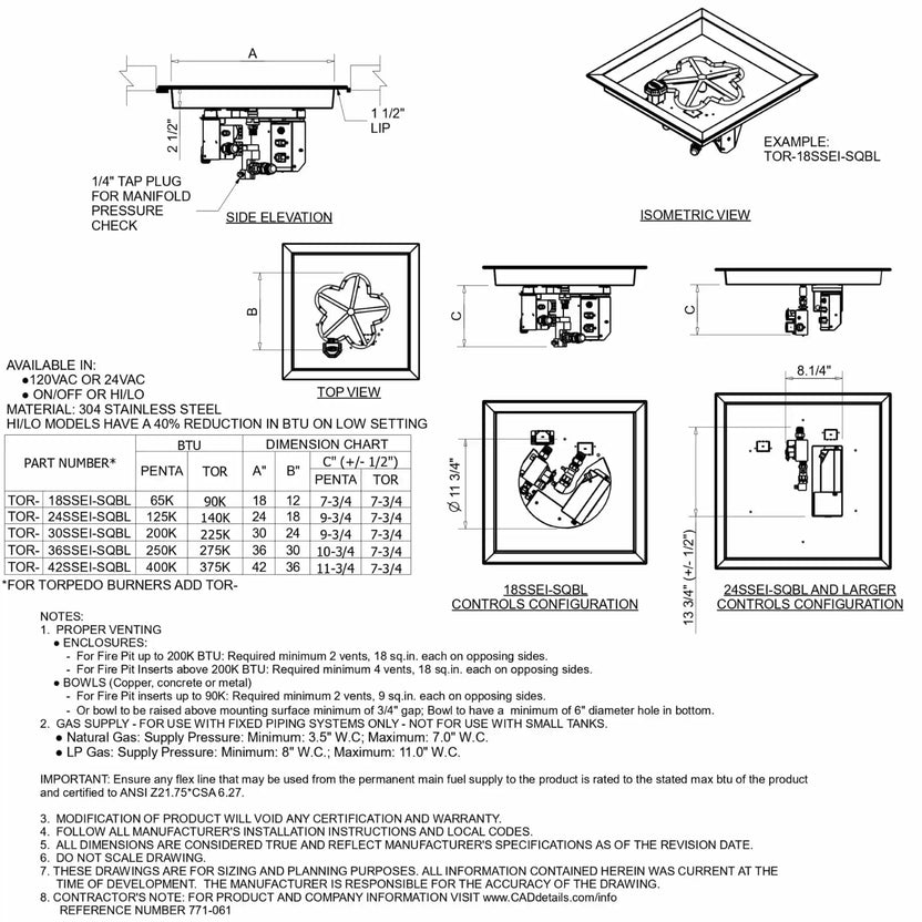 HPC Fire Inspired Hearth Products controls square drop-in electronic ignition on off hi lo low standard torpedo penta burner specification sheet showing detailed engineering drawings, dimensions, and installation views. Includes side elevation, top view, isometric view, valve and control configurations, BTU ratings, and enclosure requirements, providing a complete technical reference for square fire pit burner systems.