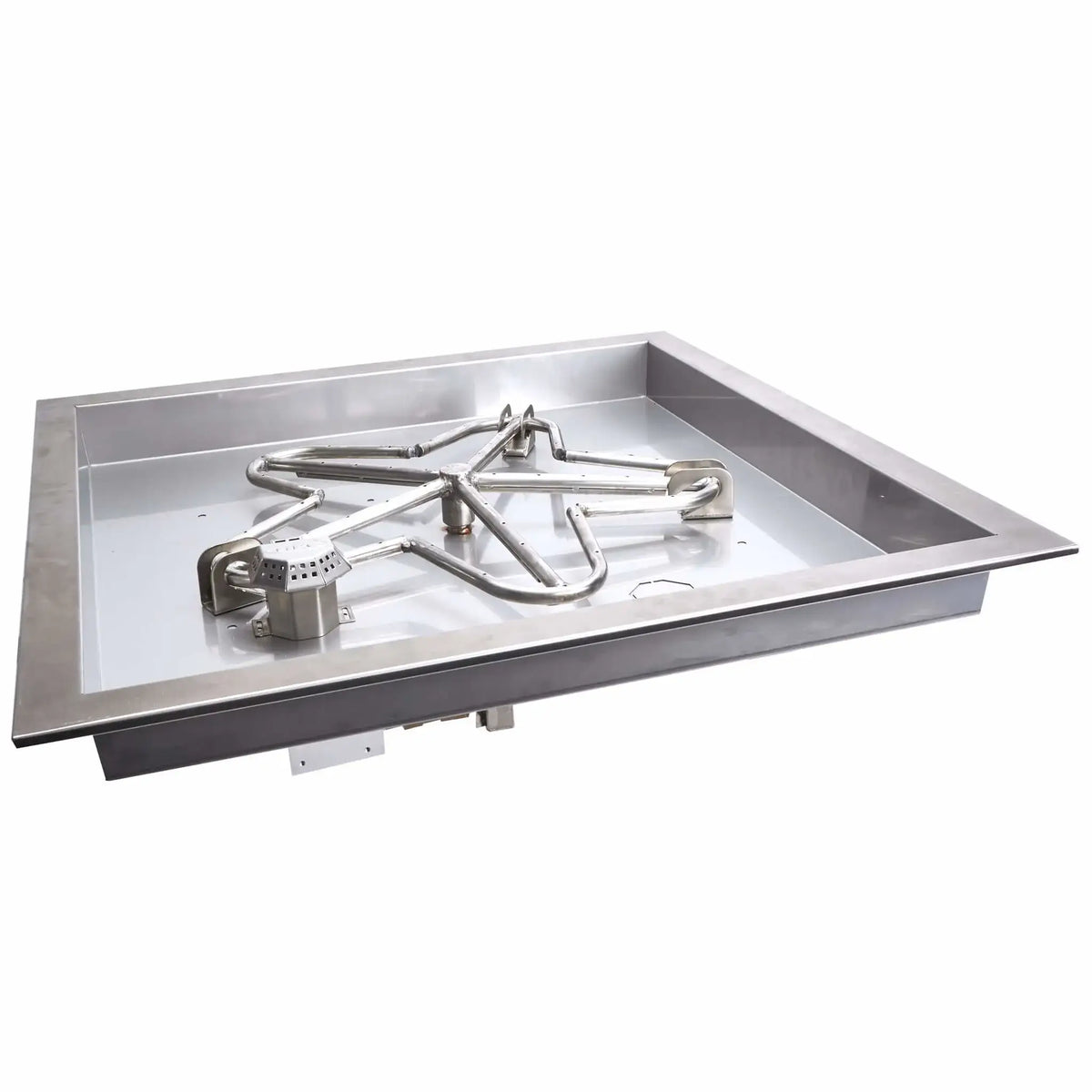 HPC Fire Inspired Hearth Products square drop-in electronic ignition fire pit insert featuring a stainless steel pan and standard penta burner configuration, shown on a white background. This on-off ignition system includes integrated gas components and burner assembly, designed for outdoor fire pit builds, delivering even flame distribution and reliable ignition performance in custom fire feature installations.