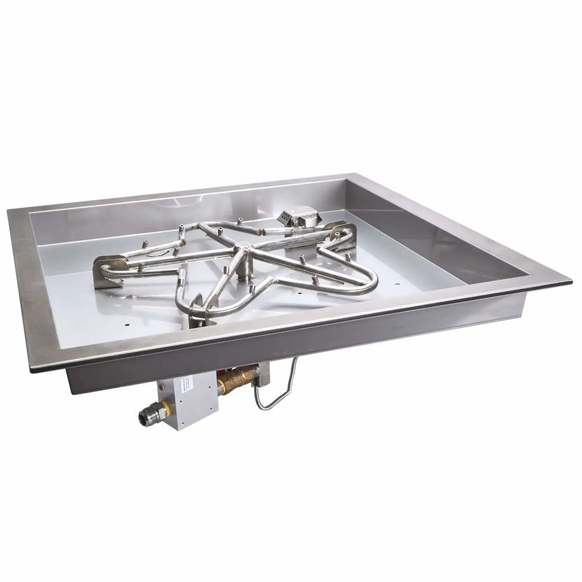 HPC Fire Inspired Hearth Products controls square drop-in electronic ignition on off torpedo penta burner shown on a white background. The stainless steel burner pan features a torpedo-style penta burner design with multiple gas ports, ignition module, and underside control box, clearly showcasing the internal components and rugged build of this fire pit burner assembly.