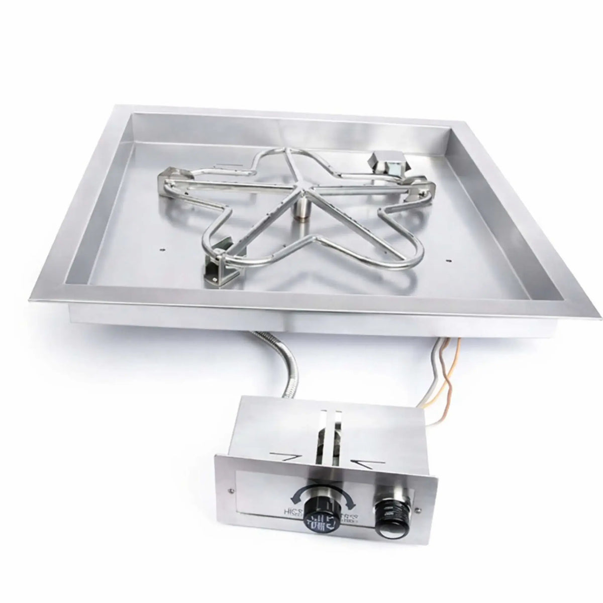 HPC Fire Inspired Hearth Products square drop-in FPPK push button flame sensing fire pit ignition system with stainless steel pan and standard penta burner, displayed on a white background. The image shows the connected control box with adjustable knob and ignition button, along with wiring and gas line, designed for reliable manual start and flame monitoring in outdoor gas fire pit installations.