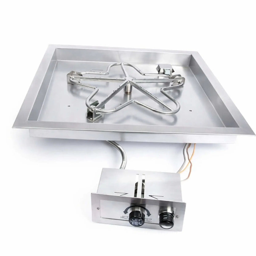 HPC Fire Inspired Hearth Products square drop-in FPPK push button flame sensing fire pit ignition system with stainless steel pan and standard penta burner, displayed on a white background. The image shows the connected control box with adjustable knob and ignition button, along with wiring and gas line, designed for reliable manual start and flame monitoring in outdoor gas fire pit installations.