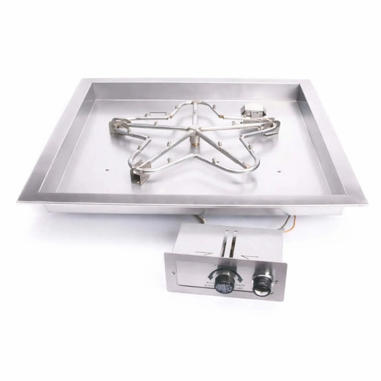 HPC Fire Inspired Hearth Products square drop-in FPPK push button flame sensing torpedo penta burner displayed on a white background, highlighting the stainless steel square pan and multi-arm burner design. The connected control box with push-button ignition and adjustment dial is visible, emphasizing a complete, ready-to-install fire pit burner system with durable construction.