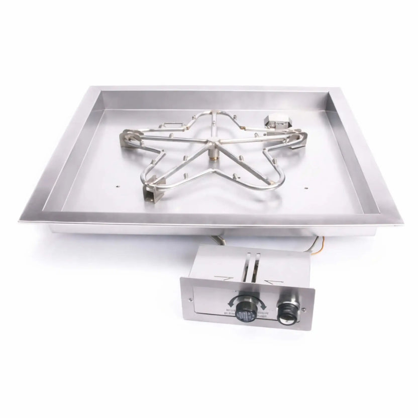 HPC Fire Inspired Hearth Products square drop-in FPPK push button flame sensing torpedo penta burner displayed on a white background, highlighting the stainless steel square pan and multi-arm burner design. The connected control box with push-button ignition and adjustment dial is visible, emphasizing a complete, ready-to-install fire pit burner system with durable construction.