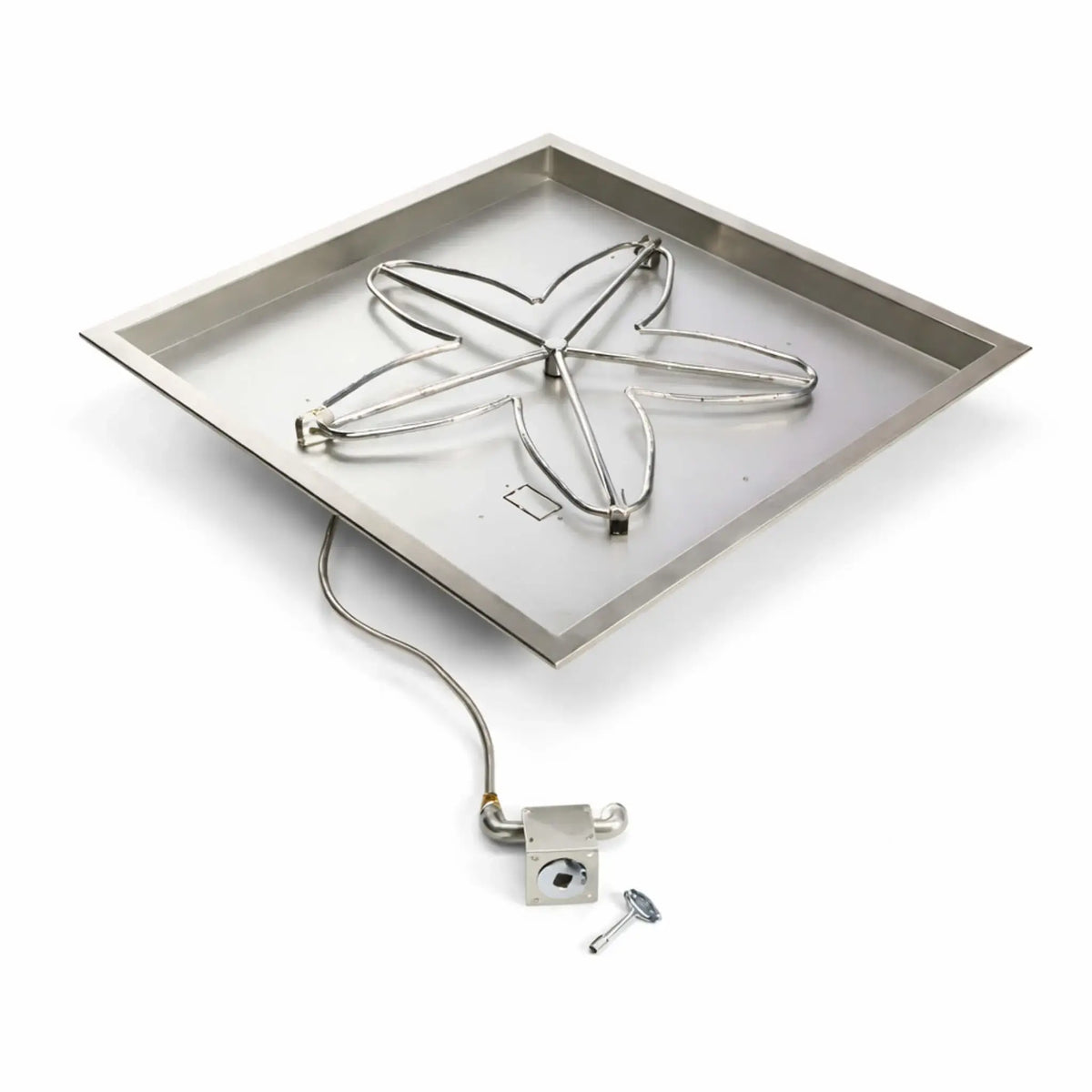 HPC Fire Inspired Hearth Products square drop-in match lit CSA MLFPK FLEX standard penta burner displayed on a white background, featuring a stainless steel square pan with a five-point burner layout and integrated gas connection line with key valve. The image clearly highlights the burner configuration, durable construction, and clean installation-ready design for custom outdoor fire pits.