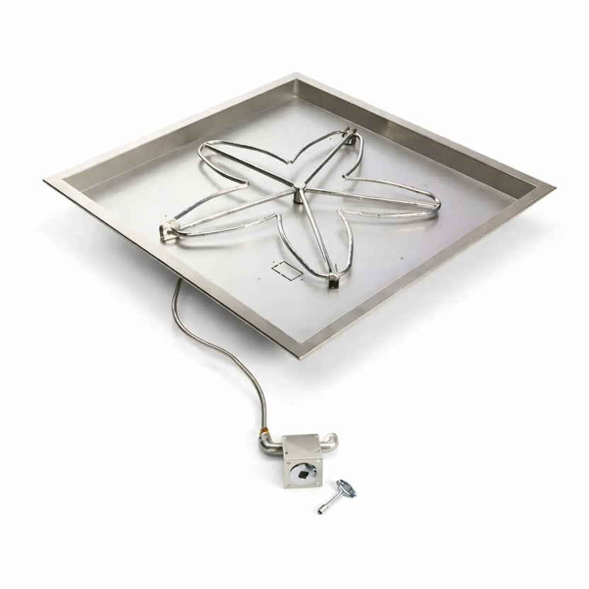 HPC Fire Inspired Hearth Products square drop-in match lit CSA MLFPK FLEX standard penta burner displayed on a white background, featuring a stainless steel square pan with a five-point burner layout and integrated gas connection line with key valve. The image clearly highlights the burner configuration, durable construction, and clean installation-ready design for custom outdoor fire pits.