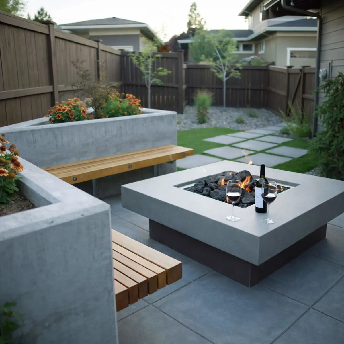 HPC Fire Inspired Hearth Products torpedo penta burner featured in a stylish backyard fire pit surrounded by concrete seating and landscaped garden. The square drop-in design blends seamlessly with the patio, while a small flame burns over dark fire media, creating a cozy and modern outdoor gathering space.