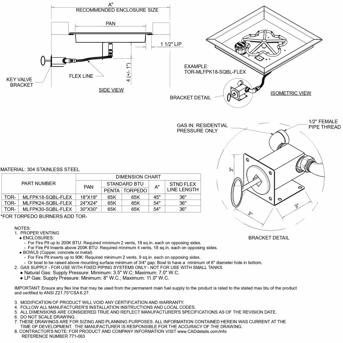 HPC Fire Inspired Hearth Products square drop-in match lit CSA MLFPK FLEX standard torpedo penta burner specification sheet showing detailed diagrams, dimensions, and installation components. Includes side view, isometric view, bracket detail, flex line connection, and dimension chart, highlighting stainless steel construction and sizing requirements for proper fire pit installation.
