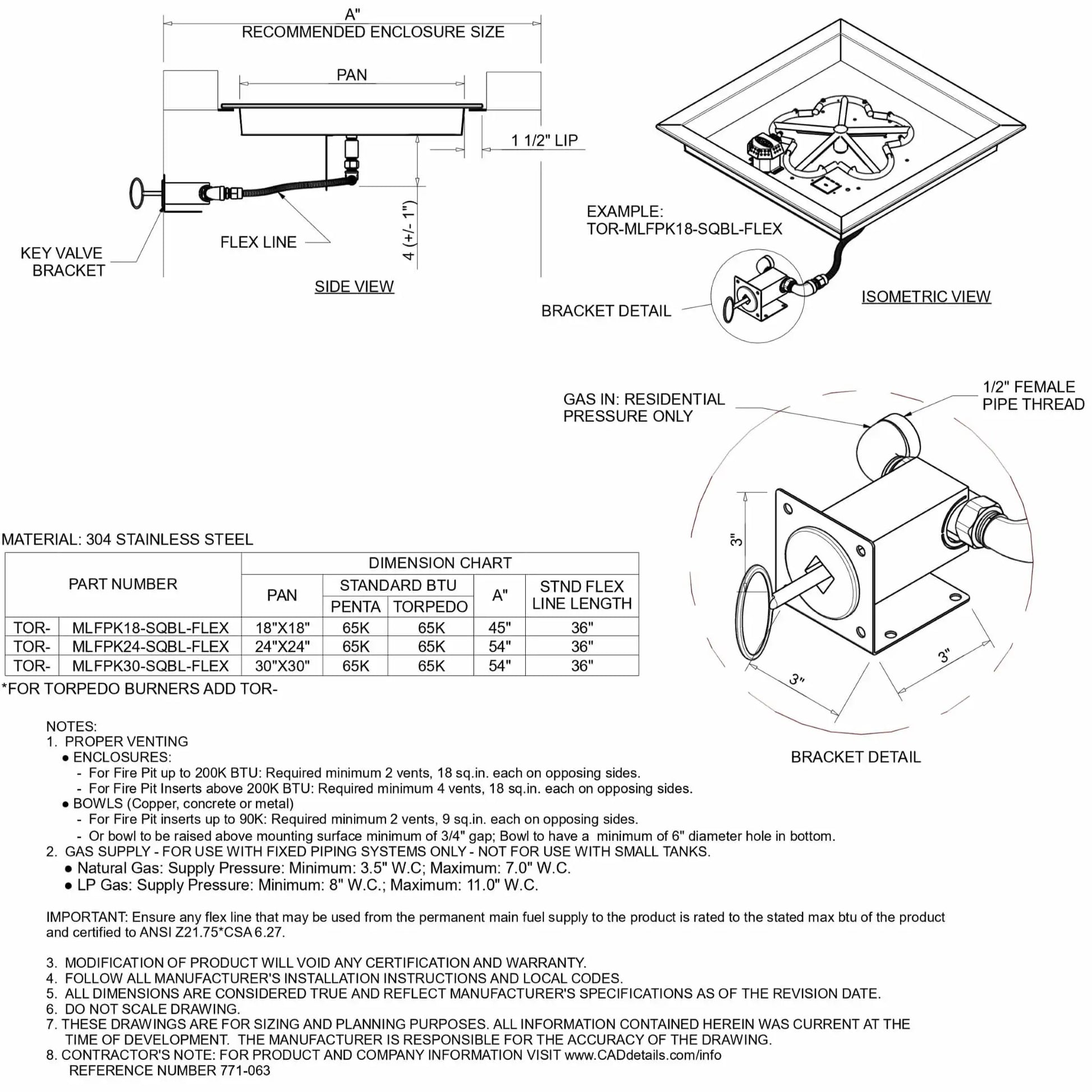 HPC Fire Inspired Hearth Products square drop-in match lit CSA MLFPK FLEX standard torpedo penta burner specification sheet showing detailed diagrams, dimensions, and installation components. Includes side view, isometric view, bracket detail, flex line connection, and dimension chart, highlighting stainless steel construction and sizing requirements for proper fire pit installation.