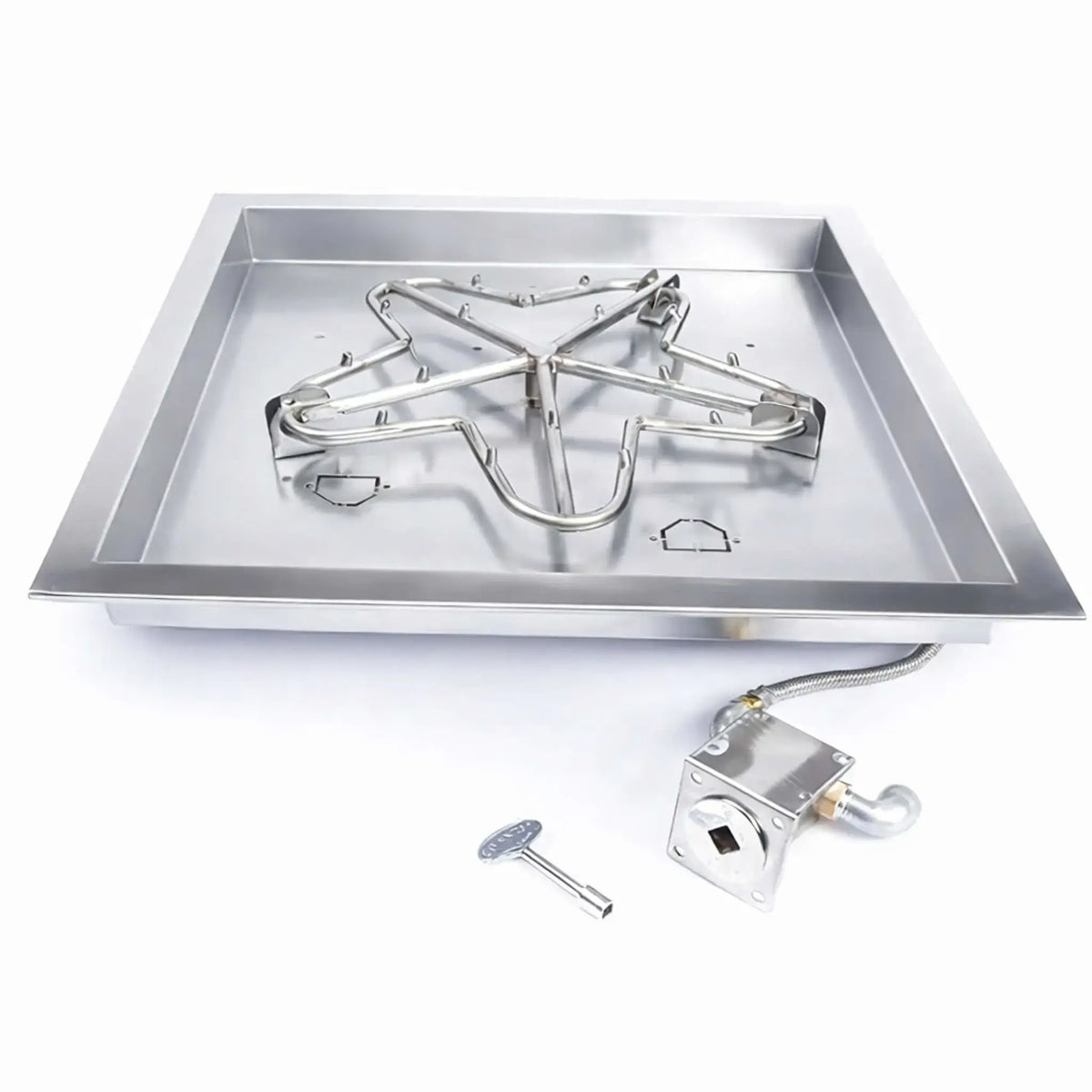 HPC Fire Inspired Hearth Products square drop-in match lit CSA MLFPK FLEX torpedo penta burner displayed on a white background, featuring a stainless steel square pan with five-point torpedo burner design, integrated flex gas line, and key valve control. The clean layout emphasizes the burner structure, durable materials, and ready-to-install configuration for custom outdoor fire pits.