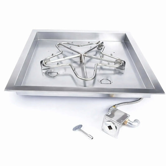 HPC Fire Inspired Hearth Products square drop-in match lit CSA MLFPK FLEX torpedo penta burner displayed on a white background, featuring a stainless steel square pan with five-point torpedo burner design, integrated flex gas line, and key valve control. The clean layout emphasizes the burner structure, durable materials, and ready-to-install configuration for custom outdoor fire pits.