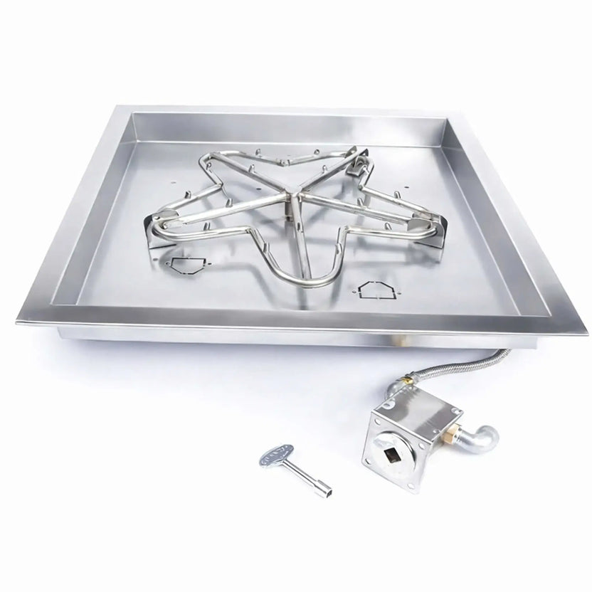 HPC Fire Inspired Hearth Products square drop-in match lit CSA MLFPK FLEX torpedo penta burner displayed on a white background, featuring a stainless steel square pan with five-point torpedo burner design, integrated flex gas line, and key valve control. The clean layout emphasizes the burner structure, durable materials, and ready-to-install configuration for custom outdoor fire pits.