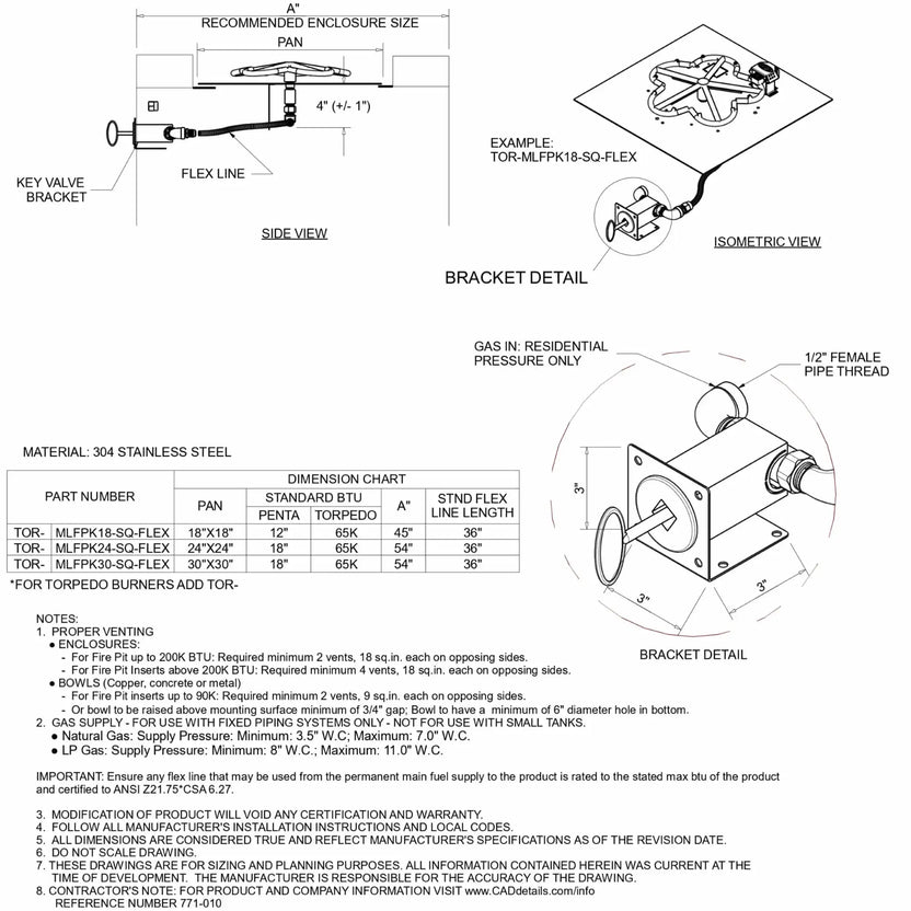 Detailed technical specification sheet for the HPC Fire Inspired Hearth Products Controls Square Flat Pan Match Lit CSA MLFPK FLEX system, showing side view diagrams, isometric burner layout, and bracket detail. The sheet highlights enclosure sizing, flex line connection, key valve bracket, gas inlet specs, and dimension charts with BTU ratings, providing a clear installation and planning reference for square fire pit burner setups.