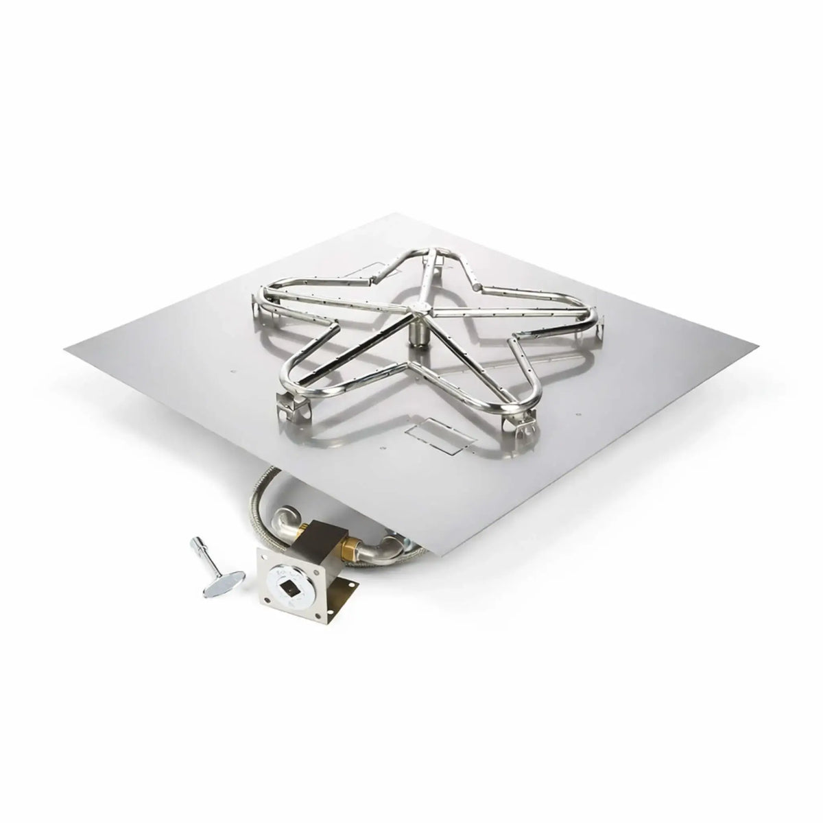 Clean product image of the HPC Fire Inspired Hearth Products Controls Square Flat Pan Match Lit CSA MLFPK FLEX burner kit on a white background, featuring a stainless steel square flat pan with a star-shaped burner, flexible gas line, and key valve bracket assembly. The polished metal finish and exposed components make it easy to see the full system layout for fire pit installation.
