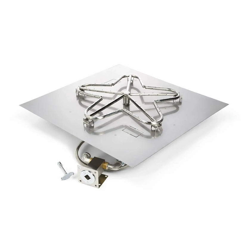 Clean product image of the HPC Fire Inspired Hearth Products Controls Square Flat Pan Match Lit CSA MLFPK FLEX burner kit on a white background, featuring a stainless steel square flat pan with a star-shaped burner, flexible gas line, and key valve bracket assembly. The polished metal finish and exposed components make it easy to see the full system layout for fire pit installation.