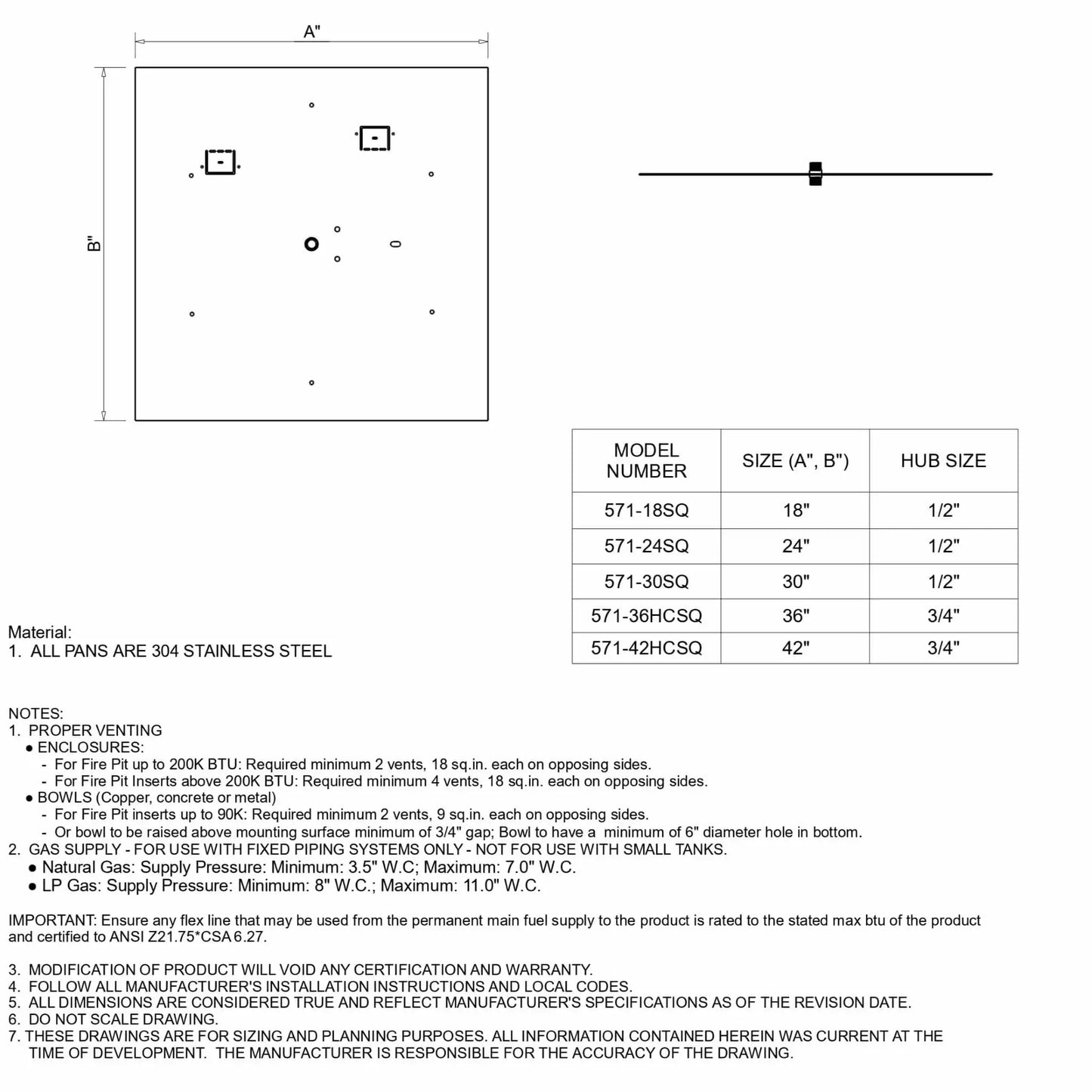 Technical specification sheet for HPC Fire Inspired Hearth Products square flat pan fire pit insert, showing top view dimensions labeled A and B, side profile, and model size chart. The diagram includes stainless steel construction notes, venting requirements, gas pressure specs, and installation guidelines for square flat pan fire pit systems.