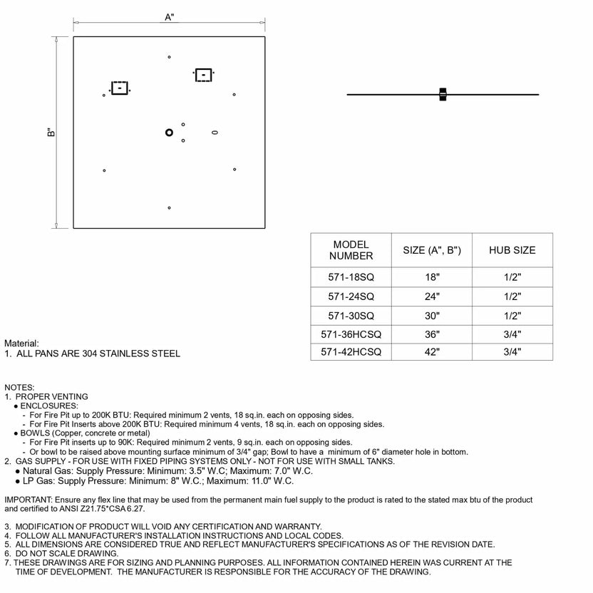 Technical specification sheet for HPC Fire Inspired Hearth Products square flat pan fire pit insert, showing top view dimensions labeled A and B, side profile, and model size chart. The diagram includes stainless steel construction notes, venting requirements, gas pressure specs, and installation guidelines for square flat pan fire pit systems.