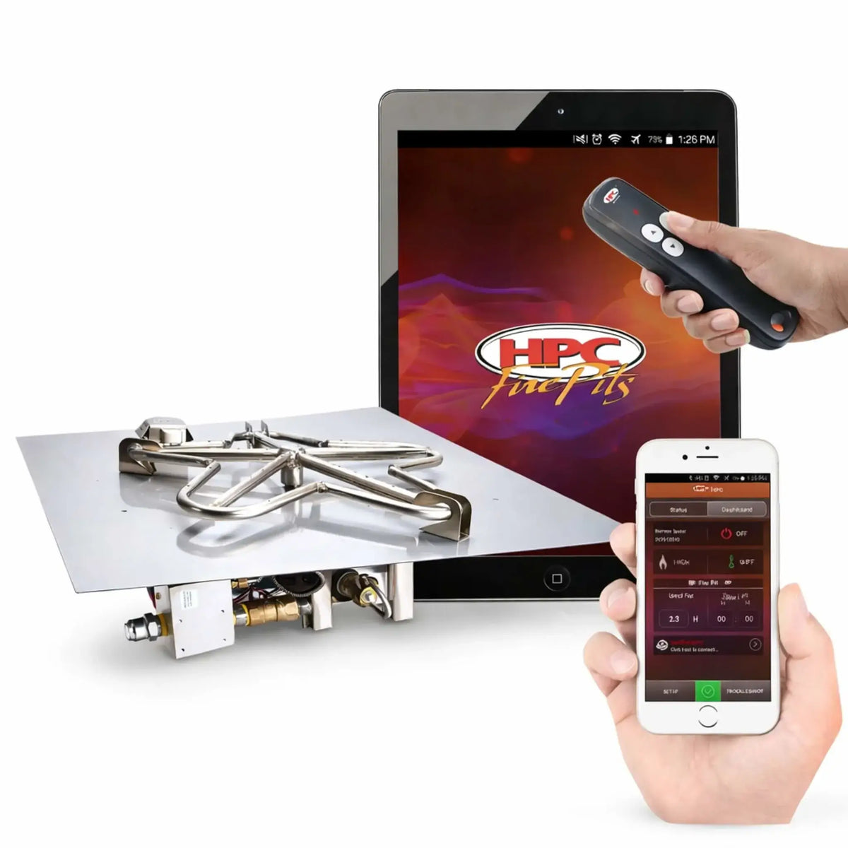 HPC Fire Inspired Hearth Products standard penta burner mounted on a square flat pan, shown on a clean white background with a tablet displaying the HPC Fire app, a handheld remote, and a smartphone interface. The setup highlights electronic hi-lo ignition controls, showcasing smart fire pit operation with adjustable flame settings, ignition status, and wireless control for modern outdoor gas fire features.