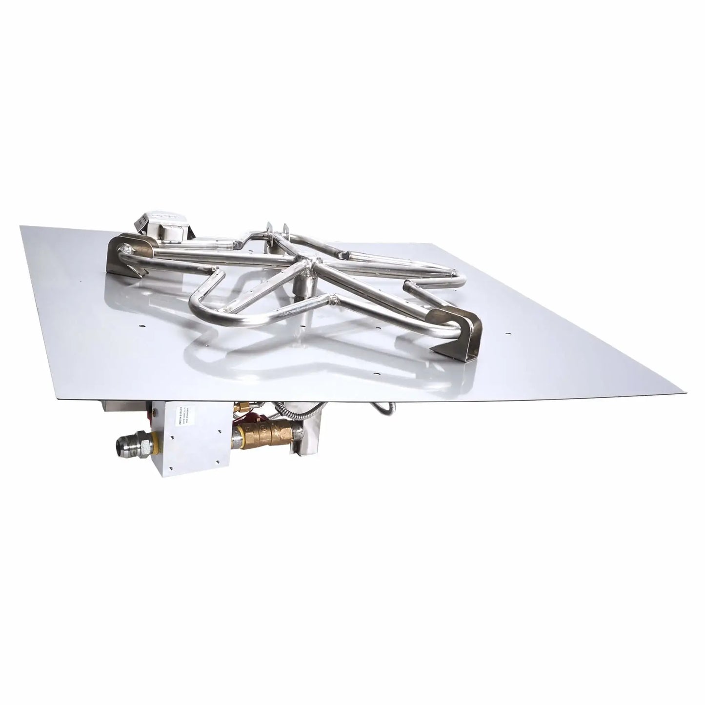 HPC Fire Inspired Hearth Products square flat pan fire pit insert with standard penta burner and electronic ignition on-off system, shown from a low angle on a white background. The stainless steel burner assembly sits on a flat pan with visible gas inlet and control components underneath, highlighting a clean, low-profile design ideal for custom outdoor fire pit builds with consistent flame output.