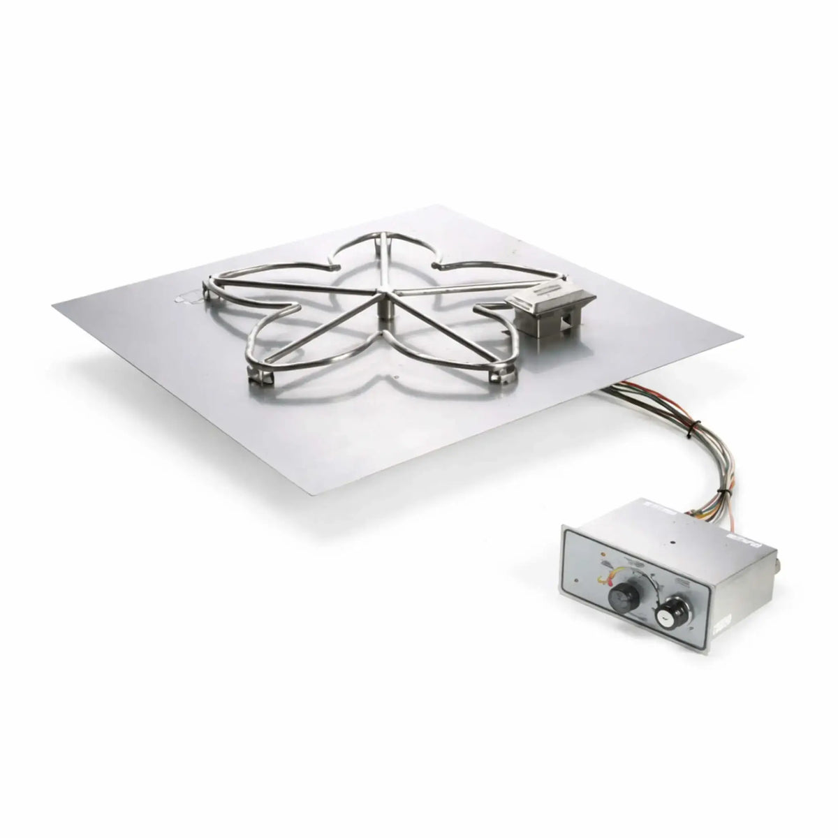 Product image of the HPC Fire Inspired Hearth Products Controls Square Flat Pan Standard Penta FPPK Push Button Flame Sensing system on a white background, featuring a stainless steel square flat pan with a five-point penta burner design. The unit includes a connected control box with push-button ignition and adjustable flame control, clearly showing wiring, pilot assembly, and durable construction for fire pit installations.