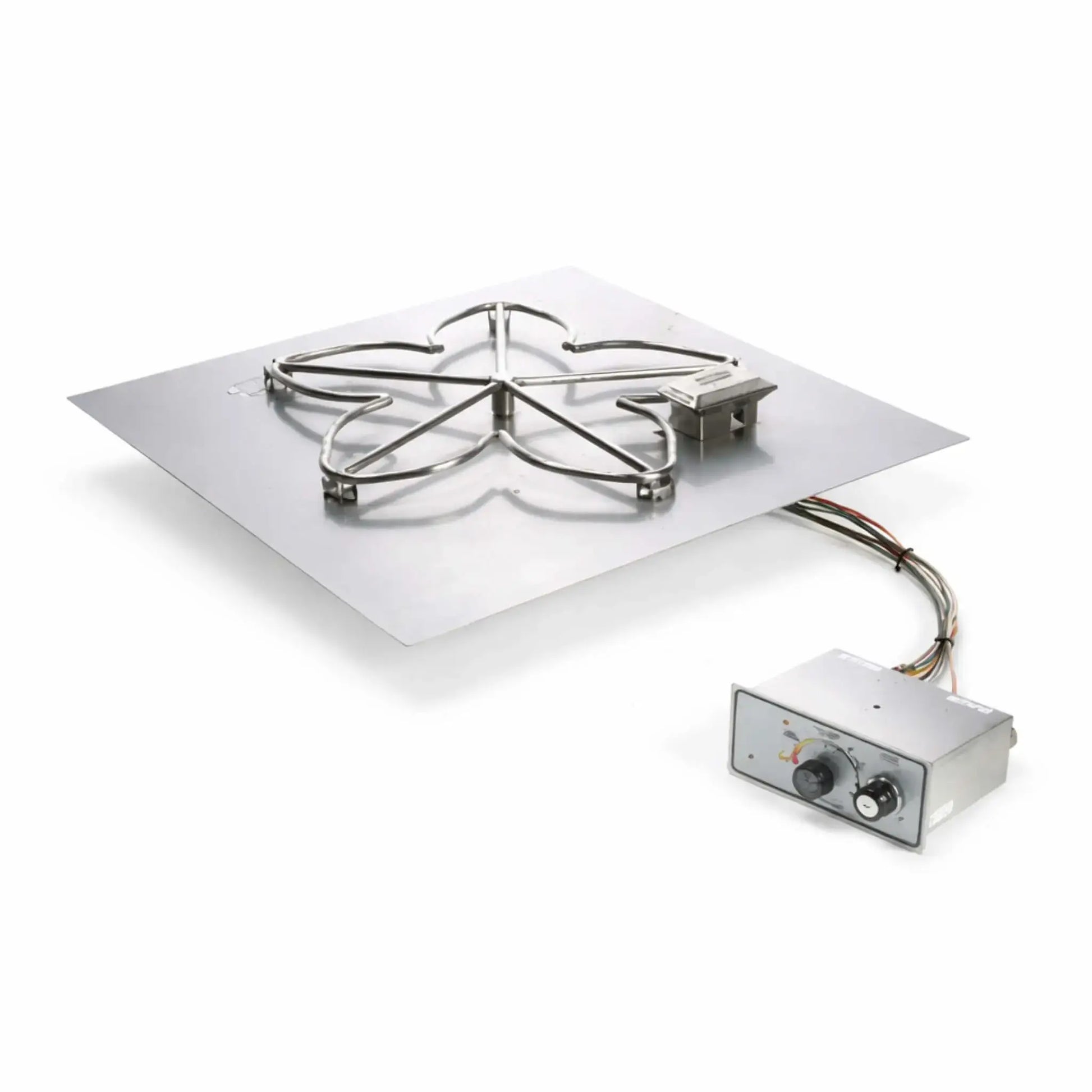 Product image of the HPC Fire Inspired Hearth Products Controls Square Flat Pan Standard Penta FPPK Push Button Flame Sensing system on a white background, featuring a stainless steel square flat pan with a five-point penta burner design. The unit includes a connected control box with push-button ignition and adjustable flame control, clearly showing wiring, pilot assembly, and durable construction for fire pit installations.