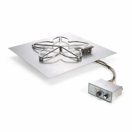 Product image of the HPC Fire Inspired Hearth Products Controls Square Flat Pan Standard Penta FPPK Push Button Flame Sensing system on a white background, featuring a stainless steel square flat pan with a five-point penta burner design. The unit includes a connected control box with push-button ignition and adjustable flame control, clearly showing wiring, pilot assembly, and durable construction for fire pit installations.