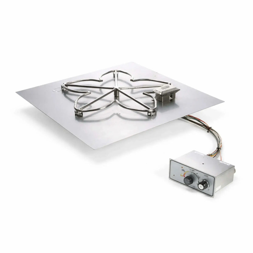 Product image of the HPC Fire Inspired Hearth Products Controls Square Flat Pan Standard Penta FPPK Push Button Flame Sensing system on a white background, featuring a stainless steel square flat pan with a five-point penta burner design. The unit includes a connected control box with push-button ignition and adjustable flame control, clearly showing wiring, pilot assembly, and durable construction for fire pit installations.