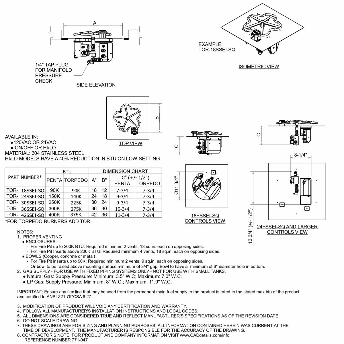 Detailed specification sheet for the HPC Fire Inspired Hearth Products Controls Square Flat Pan Standard Torpedo Penta Burner Electronic Ignition On Off Hi Lo Low system. Includes labeled diagrams such as top view, side elevation, and isometric view, along with dimension charts, BTU ratings, material notes, and installation guidelines for various burner sizes and configurations.