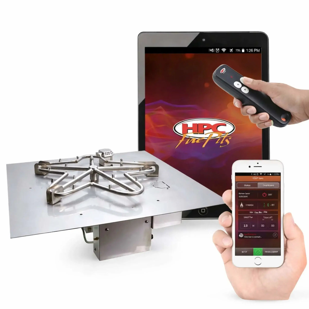 HPC Fire Inspired Hearth Products torpedo-style penta burner installed on a square flat pan, paired with a tablet, remote control, and smartphone displaying the HPC Fire control app. The image emphasizes electronic hi-lo ignition functionality, wireless operation, and precise flame control, illustrating a complete smart fire pit burner system designed for convenient, app-based outdoor fire management.