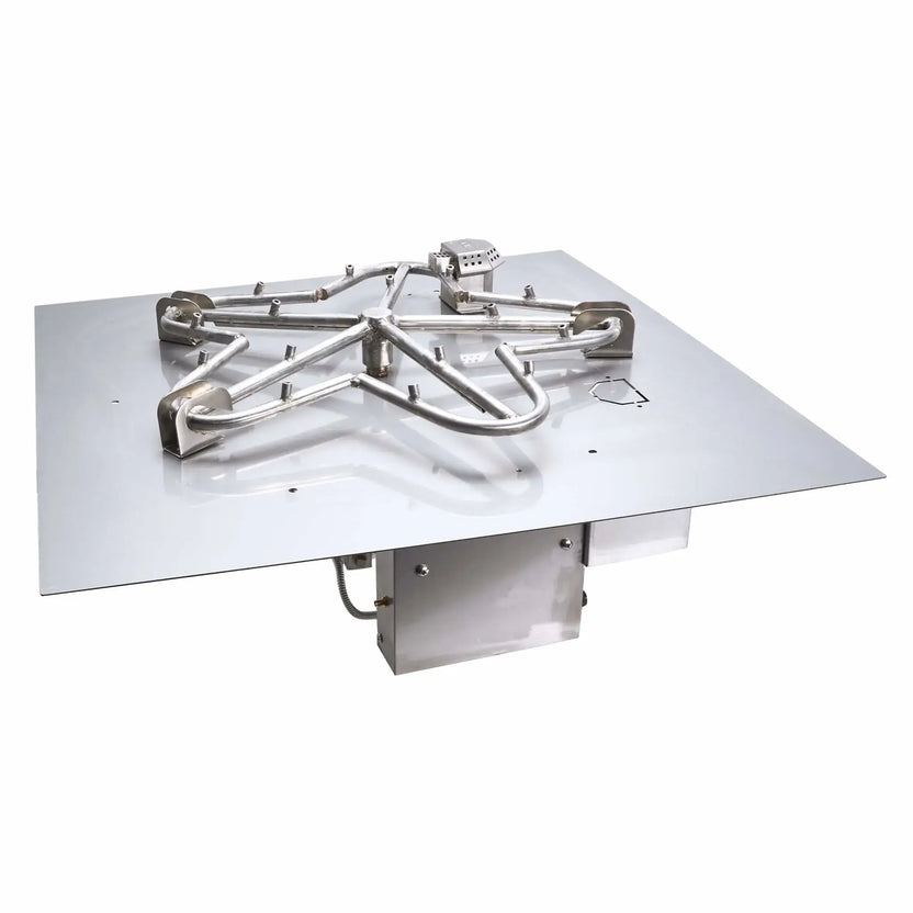 Studio product shot of the HPC Fire Inspired Hearth Products Controls Square Flat Pan Torpedo Penta Burner Electronic Ignition On Off unit, shown from a slightly elevated angle on a white background. Features a polished stainless steel square pan with a multi-arm torpedo penta burner, ignition module, and concealed control box beneath, emphasizing a clean, professional-grade fire pit burner system.