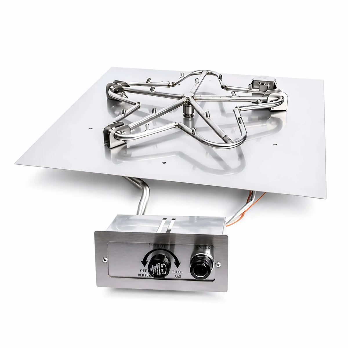 HPC Fire Inspired Hearth Products square flat pan torpedo penta burner fire pit system with FPPK push button flame sensing ignition, displayed on a white background. The stainless steel burner features a raised torpedo-style penta configuration mounted on a flat pan, with a connected control box showing pilot adjustment knob and igniter button, designed for safe manual ignition and consistent flame performance in outdoor gas fire pit applications.